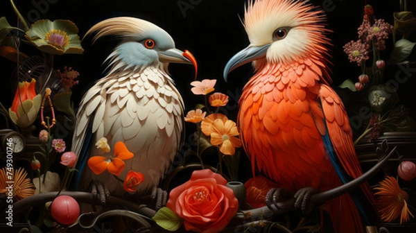 Fototapeta Vibrant and diverse wildlife: Birds, animals, and nature on display in detailed and colorful portraits of various species like puffins, parrots, and ducks, generative AI