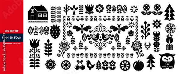 Fototapeta floral folk elements in Scandinavian style, Scandinavian floral folk art vector red design set with flowers.
