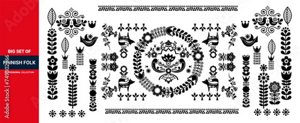 Fototapeta floral folk elements in Scandinavian style, Scandinavian floral folk art vector red design set with flowers.