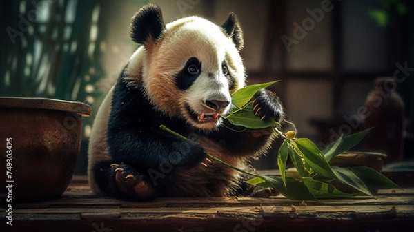 Fototapeta Rare Giant Panda Cub: Endangered Wildlife in China's Bamboo Forests-Eating, Cute Mammal at Chengdu Zoo in Asia's Natural Habitat, generative AI