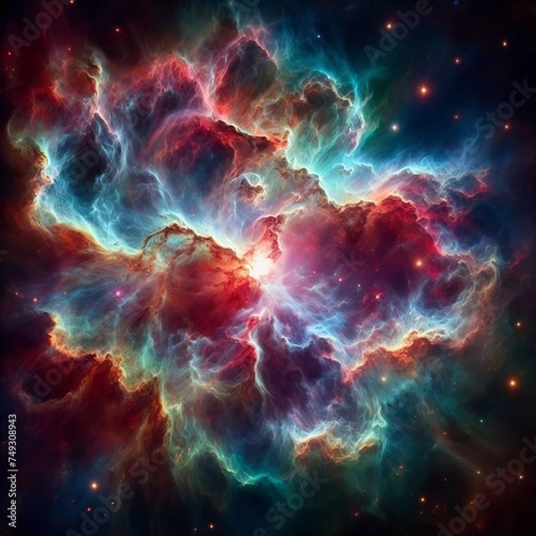 Fototapeta A cosmic nebula with vibrant colors and swirling gases. The nebula is a massive cloud of dust, gas, and plasma that glows with different hues of red, blue, green, and purple. 