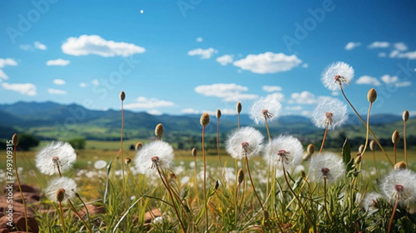 Fototapeta Stunning Outdoor Views: Scenic Green Fields, Vibrant Flowers, and Blue Skies in a Beautiful Summer Meadow Landscapes, generative AI