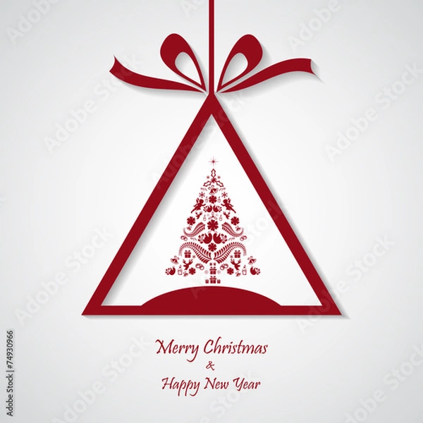 Obraz vector red christmas background with tree. cut paper design.