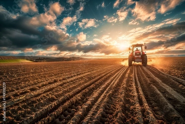 Fototapeta A tractor plows the field, creating deep furrows in the soil against a dramatic sunset backdrop, symbolizing agriculture and hard work