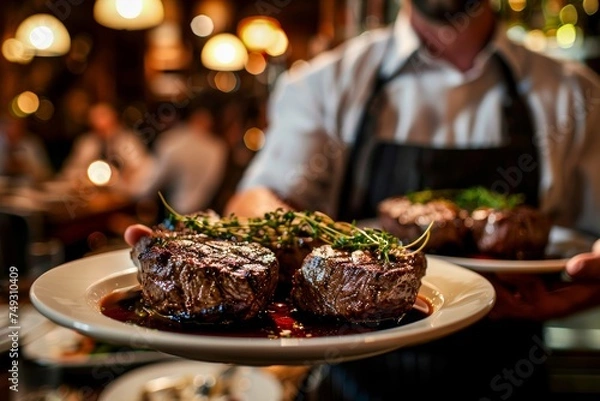 Fototapeta A close-up of a uniformed waiter presenting a sizzling hot steak dish garnished with herbs in a bustling restaurant setting