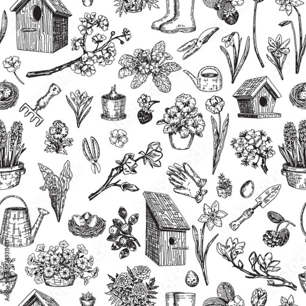 Fototapeta Spring time seamless pattern. Ornament of berries, bird houses, gardening tools, blooming tree, wild flowers, berries. Design in retro engraving style.