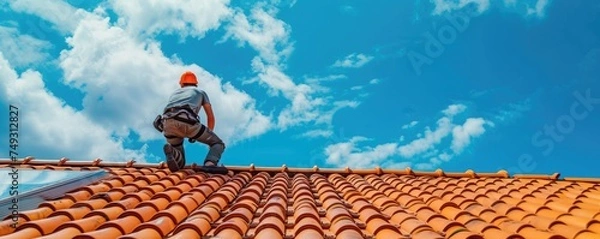 Obraz Roofing tiles installation in process.