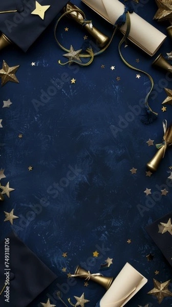 Fototapeta A festive flat lay of graduation caps and diplomas set against a rich green background, sprinkled with gold stars, symbolizing achievement and commencement festivities with copy space for text.