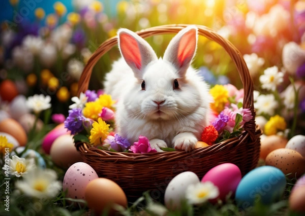 Fototapeta Easter theme with Easter bunny and eggs inside the basket in natural background 