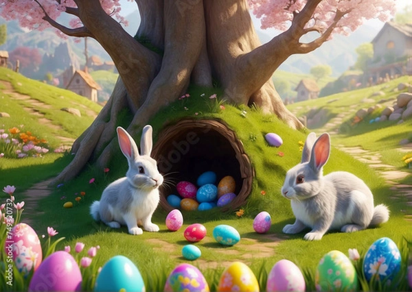 Fototapeta Easter day Concept with bunny paining the eggs in nature background