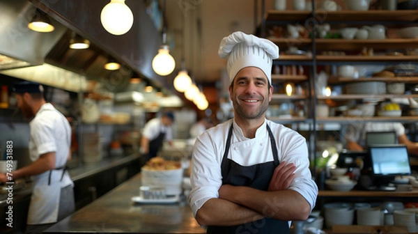 Fototapeta Portrait of a happy chef in the kitchen