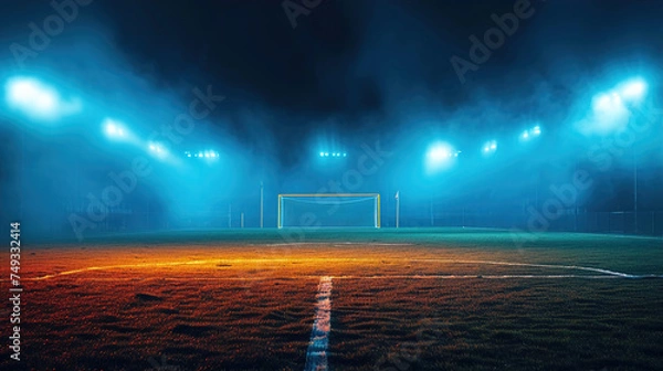 Obraz Soccer Game Field with Neon Fog at the Center and Midfield