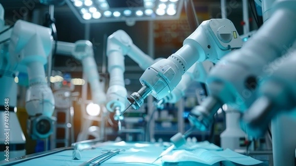 Fototapeta Robotic arms equipped with surgical tools perform a delicate operation in a modern operating room, showcasing advanced medical technology.