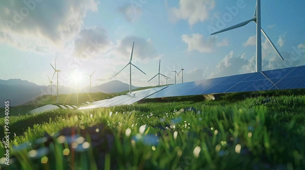 Fototapeta Solar panels with wind turbines with moutain and clear sky background, Green power,sustainable power concept.