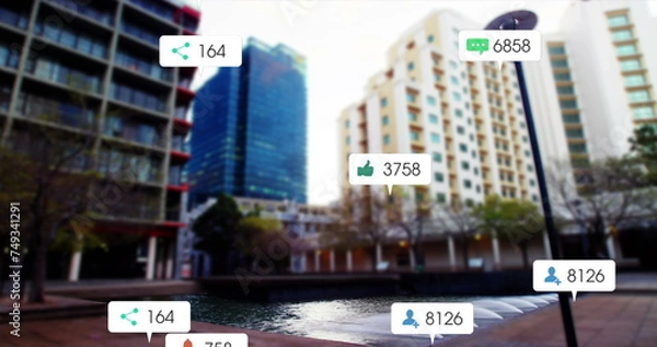 Fototapeta Image of social media icons and numbers on white banners over cityscape