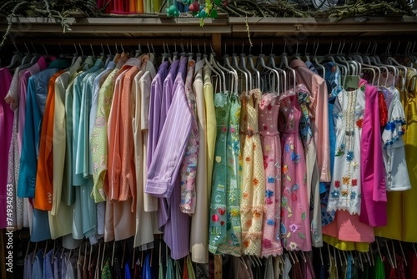 Fototapeta A Colorful Array of Easter Dresses and Suits Hanging Neatly on a Rack, Ready for the Spring Celebration