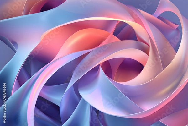 Fototapeta Abstract 3D background in the form of iridescent holographic curved stripes and waves, gradient curved rear stripes in delicate pink blue and orange colors