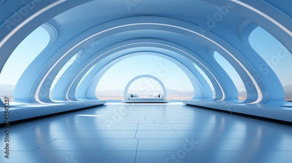 Fototapeta Futuristic Urban Architecture: City Tunnel Interior Corridor Glass Hall Station Subway Business Building Light Bridge Perspective Steel Airport Walkway Pedestrian, generative AI