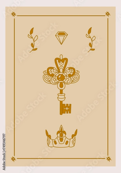 Fototapeta Esoteric poster Magic golden key with ornament, crown, amulets and diamond on beige background Boho style vector outline illustration.