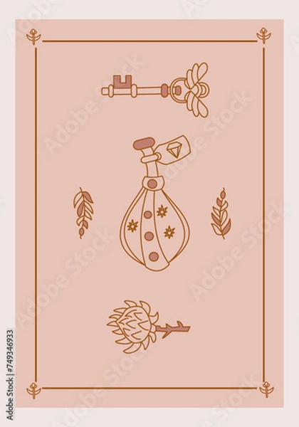 Fototapeta Esoteric poster Magical poison with stars, mystic prickly flower, golden key with wings on pink background Boho style vector outline illustration.