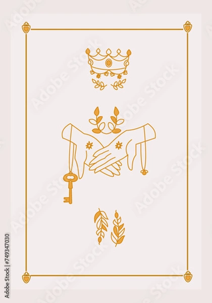 Fototapeta Esoteric poster Two hands hold key, branches and crown on white background Boho style vector outline illustration.