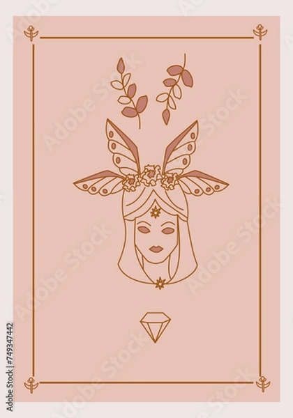Fototapeta Esoteric poster Girl with flowers and wings, branches and gem. Boho style vector outline illustration.