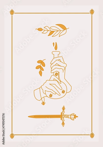 Fototapeta Esoteric poster Two hands holding poison bottle, magic golden sword and branches on white background Boho style vector outline illustration.