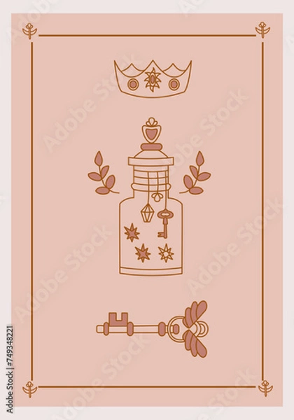 Fototapeta Esoteric poster Magical poison with stars, golden key with wings and crown with gem on pink background. Boho style vector outline illustration.