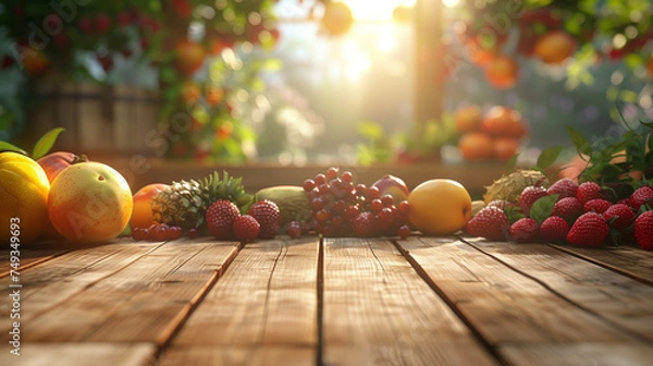 Fototapeta Wooden table with fruits in the background - For product display montage of your products