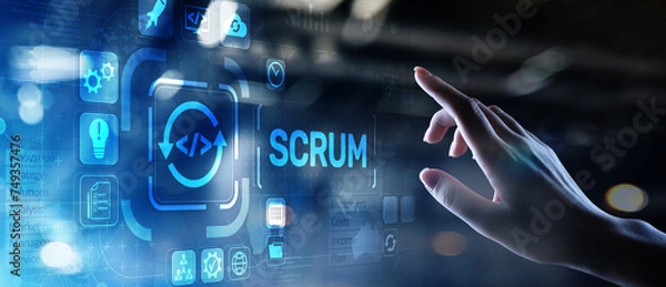 Fototapeta SCRUM, Agile development methodology, programming and application design technology concept on virtual screen.