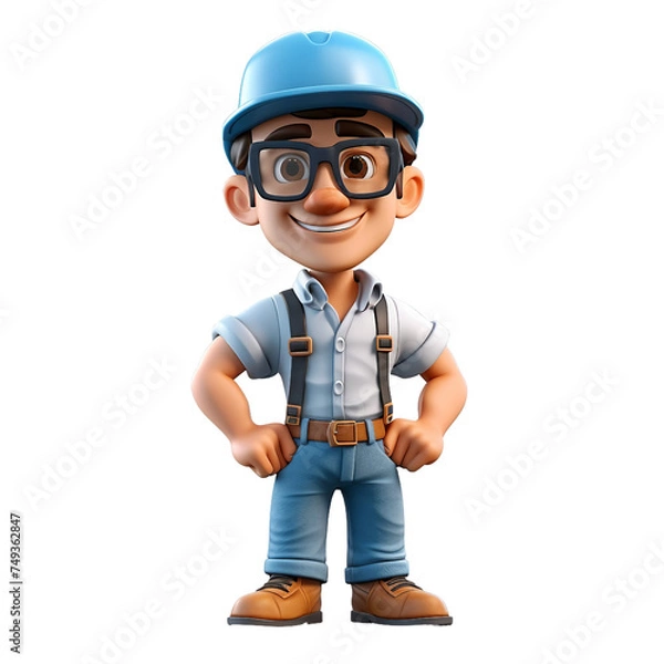 Fototapeta 3d illustration of construction manager, construction worker on construction site, portrait of a worker