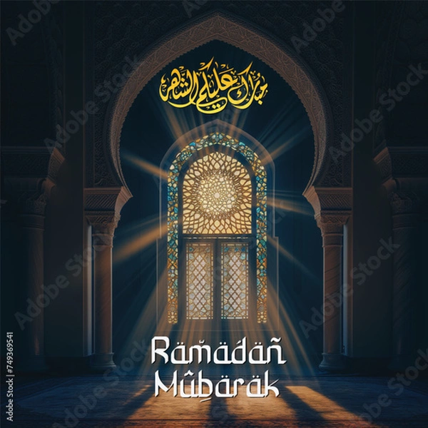 Obraz Ramadan Kareem greeting on a blurred background with a beautiful illuminated Arabic lamp and hand-drawn calligraphy lettering.