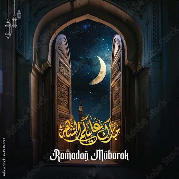 Obraz Ramadan Kareem greeting on a blurred background with a beautiful illuminated Arabic lamp and hand-drawn calligraphy lettering.