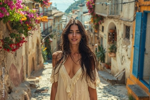 Fototapeta A woman in a flowing dress walks down a charming, sunlit alleyway lined with vibrant flowers and rustic buildings. She looks serene and content, enjoying the picturesque Mediterranean setting.