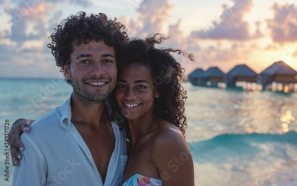 Fototapeta A happy couple embraces on the beach during sunset, with overwater bungalows in the background. They are smiling and enjoying the beautiful, serene tropical setting.