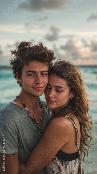 Fototapeta A young couple embraces on the beach at sunset. The woman has her eyes closed, resting her head on the man's chest, while he looks at the camera. The scene is serene and intimate.