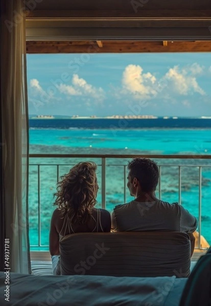 Fototapeta A couple sits on a balcony, gazing at the turquoise ocean. The scene is peaceful and romantic, with bright sunlight illuminating the serene, tropical view outside.