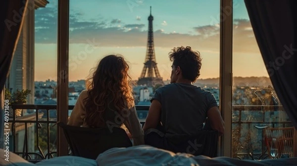 Fototapeta A couple sits together on a bed, gazing at the Eiffel Tower through a large window at sunset. The scene is romantic and intimate, with warm, golden light filling the room.