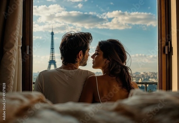 Fototapeta A couple sits together on a bed, looking out at the Eiffel Tower through an open window. The scene is romantic and intimate, with a beautiful view of Paris under a blue sky.