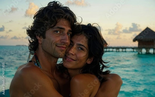 Fototapeta A happy couple embraces in front of turquoise water during sunset. They are smiling and enjoying the serene, tropical setting, with overwater bungalows visible in the background.