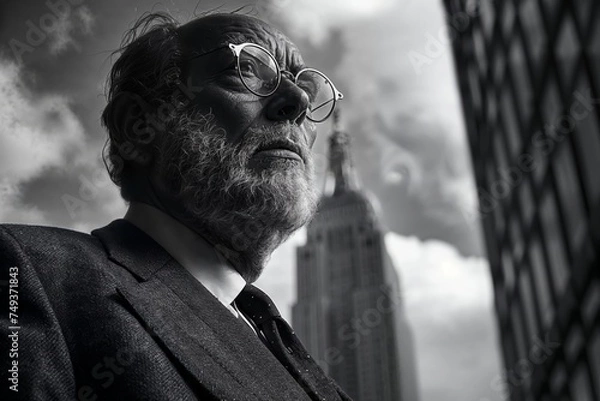 Fototapeta A black and white photo of an older man with glasses and a beard, looking upwards with a serious expression. He is in an urban setting with tall buildings and a cloudy sky.