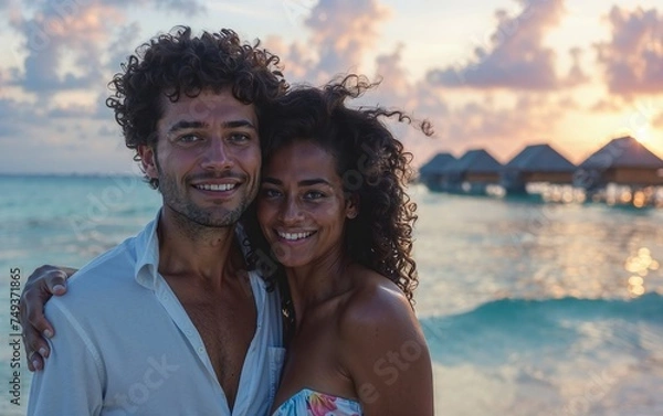 Fototapeta A happy couple embraces on the beach during sunset, with overwater bungalows in the background. They are smiling and enjoying the beautiful, serene tropical setting