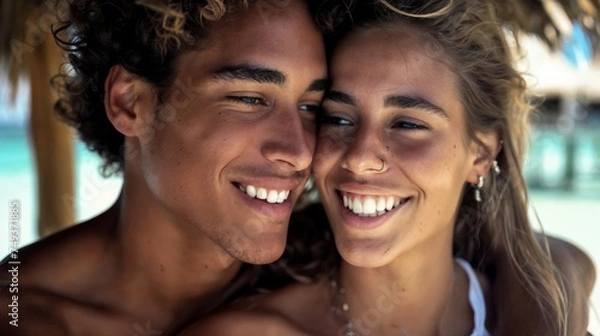 Fototapeta A smiling couple embraces closely under a thatched roof, enjoying a sunny day. They both look joyful and relaxed, with a turquoise sea visible in the background.