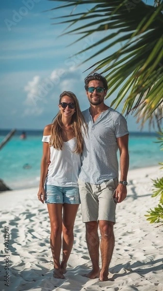 Fototapeta A couple walks along a pristine beach with white sand and turquoise water. They are dressed casually in summer attire, enjoying the sunny day with palm trees in the background.