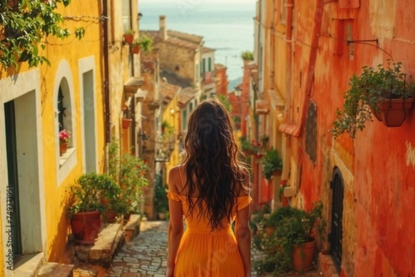 Fototapeta A woman in a flowing yellow dress walks down a narrow, picturesque street adorned with vibrant buildings and lush greenery—the charming path, lined with plants and old-world architecture.