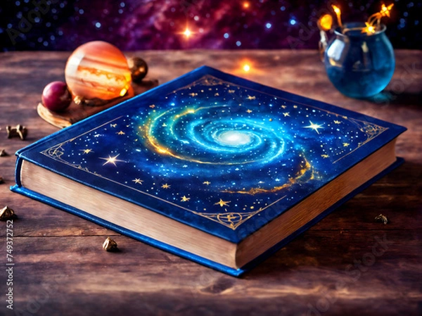 Fototapeta fantasy concept art of Astrology or astronomy book of the universe - opened old magic book with space
