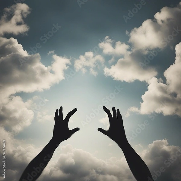 Obraz Two hands silhouettes reaching to the sky reaching the clouds 