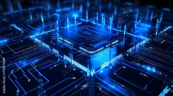 Obraz Processor chip with a vivid blue glow, symbolizing the cutting-edge of computing technology and data processing power.