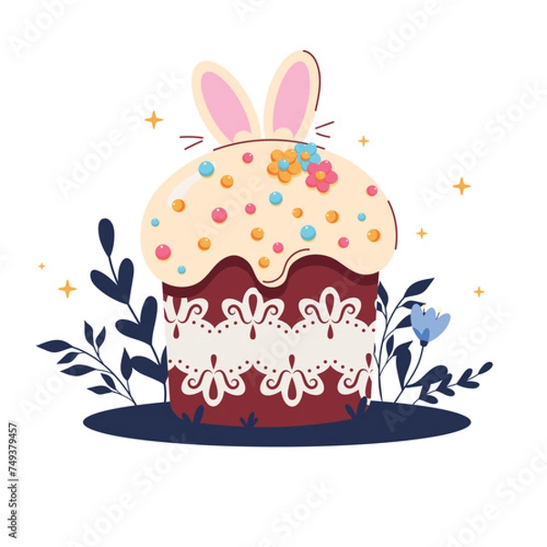 Fototapeta Easter card with bunny and eggs. Easter card with easter cake, eggs and flowers.  Easter elements. Cute Easter illustration. For poster, card, scrapbooking , stickers.