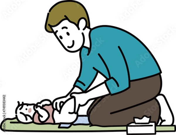 Fototapeta オムツ替えをする新米パパ